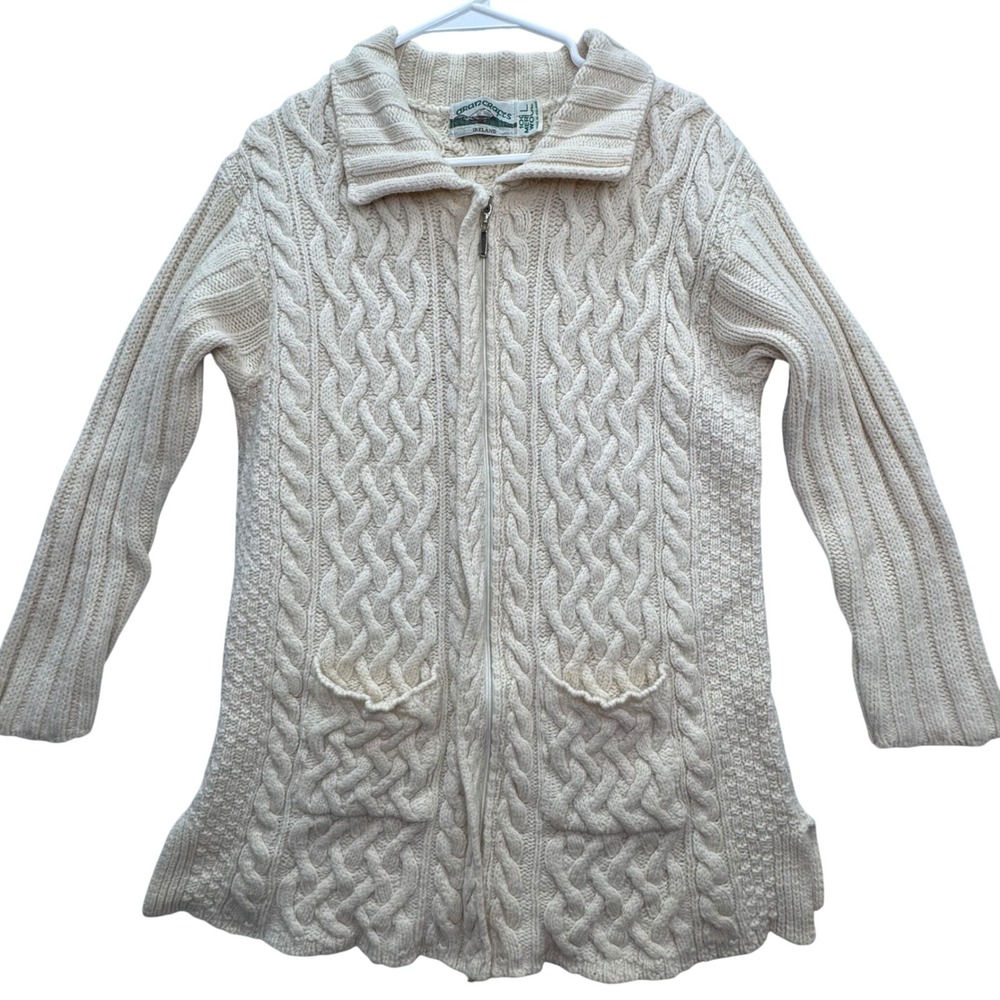 Aran Crafts Zip Up Cardigan Womens Large Merino Wool Cream Cable Knit Ireland
